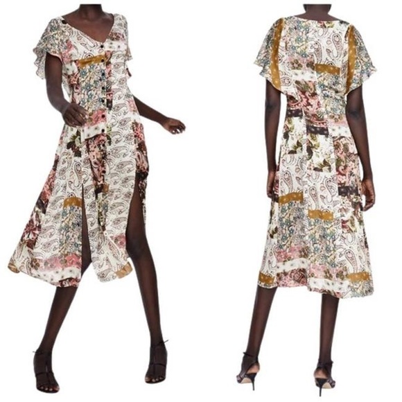 NWT Zara Crinkle Patchwork Midi Dress - Picture 1 of 6